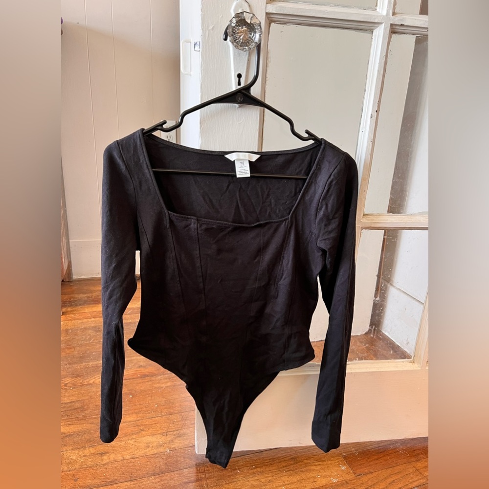 H&M black long sleeve thong bodysuit, size medium